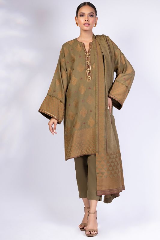 3 Pc Embroidered Jacquard Suit With Jacquard Dupatta